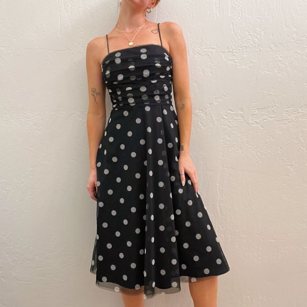Vintage 90s/Y2K Eliza J Black Polka Dot Ruched Chiffon Fit Flare Midi Dress - Picture 8 of 12